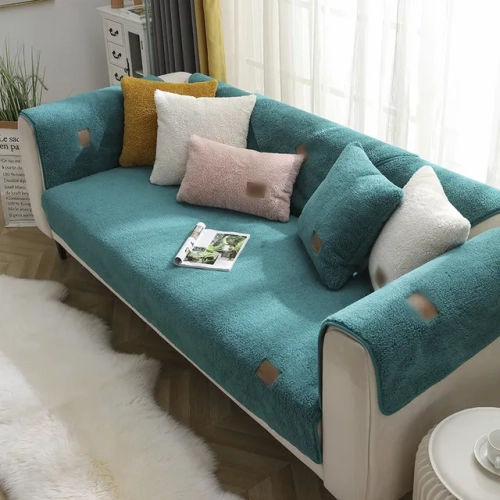 "Modern Solid Color Winter Lamb Wool Sofa Towel: Thicken Plush, Soft and Smooth Sofa Covers for Living Room - Anti-Slip Couch Cover"