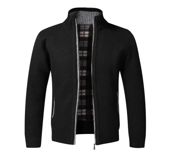 Men's Slim Fit Knitted Sweater Coat with Fleece Lining, Zipper Closure, Thick Cardigan for Autumn and Winter Warmth