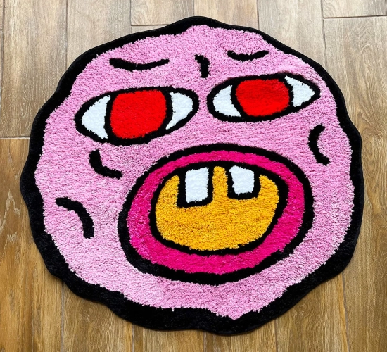 LAKEA Cherry Bomb Rug in Pink: Handmade Tufted Carpet for Room Decor. A Kawaii Rug, suitable for Small Bedrooms. Features a Cartoon Circle Punch Needle Rug design.