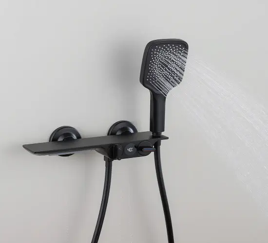 Wall Mounted Black Bathtub Faucet with Two Functions, Long Shelf, Temperature Display, and Water Flow Electricity Generation