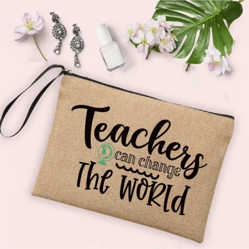 Teacher Change The World" linen pouch, perfect for travel or as a toiletry organizer. An ideal back-to-school teacher gift—a cosmetic bag for women with a stylish touch.