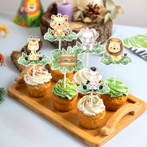 "Jungle Animal Cupcake Cake Toppers - Happy Birthday Party Decorations for Kids' Baby Shower, Wild One Safari Theme, and Birthday Party Supplies.