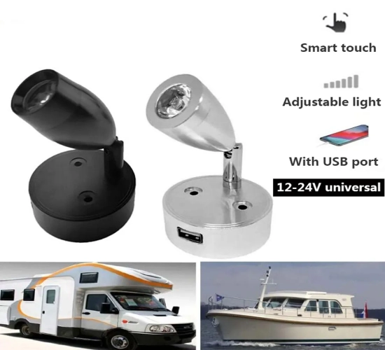 "Smart Touch Dimmable LED Wall Lamp with USB Charging for Motorhomes, Boats, Yachts (DC12-24V).