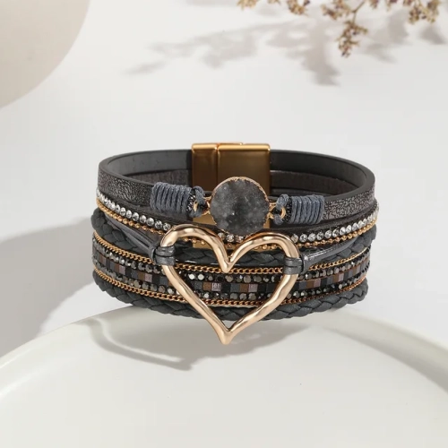 New Metal Love Heart Charm Leather Bracelets - Fashion Bohemian Rhinestone Resin Wrap Bracelet Bangle, Ideal Couple Jewelry for Women