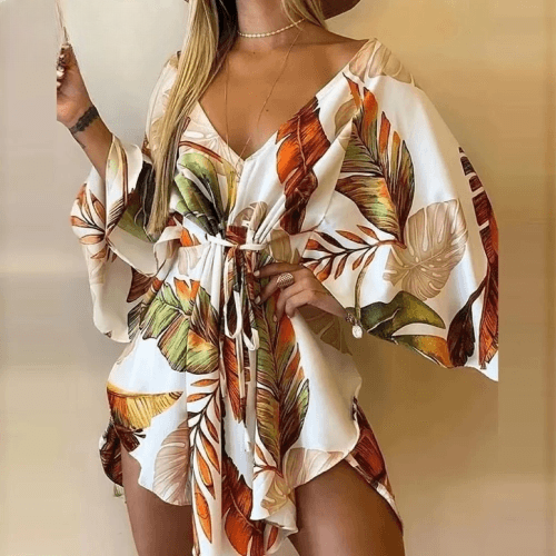 Chic Summer Vibes: New Elegant Women's Dress with a Sexy V Neck, Lace-up Detailing, and Floral Print. Perfect for Summer Beach Soirees, Casual Yet Stylish with Flared Sleeves – Ideal for Ladies' Party Dressing