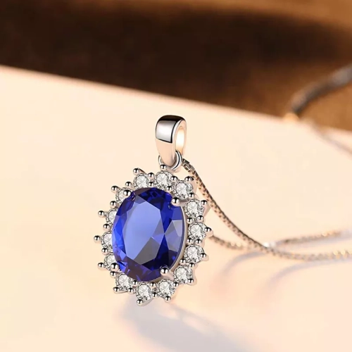 Princess Diana-Inspired Luxury Created Blue Sapphire Pendant Necklace - Women's Tibetan Silver Chain Necklace for Wedding Jewelry