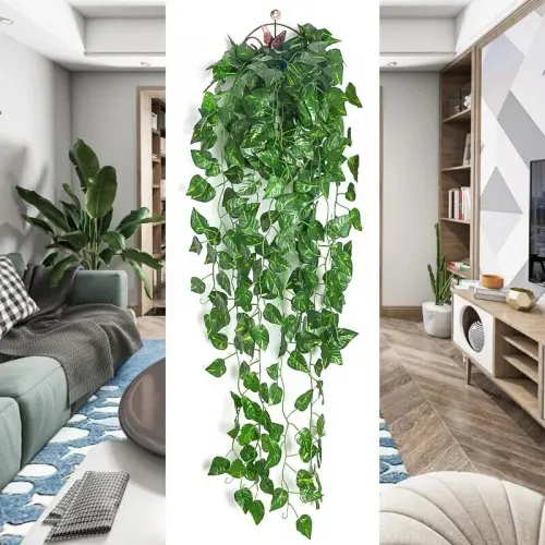 Indoor Decorative Artificial Green Plant Wall Hanging with Vines, Simulated Creeper, and Faux Flower Rattan