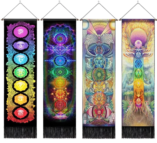 Seven Chakra Vertical Wall Hanging Tree Of Life Tapestry with Tassel: Yoga, Meditation, and Bedroom Living Decoration