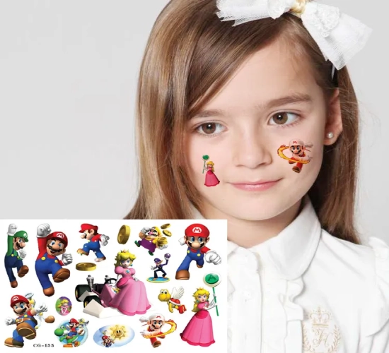Super Mario Bros Tattoo Stickers - Kawaii Anime Figure Toys for Kids' Happy Birthday Party Decoration. Cute Cartoon Game Stickers as Gifts.