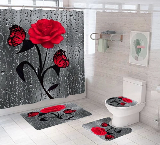 "Red Rose & Butterfly Bathroom Set: Anti-slip Mat, Durable Waterproof Shower Curtain, Pedestal Rug, Lid Toilet Cover, and Bath Mat Rugs Ensemble."