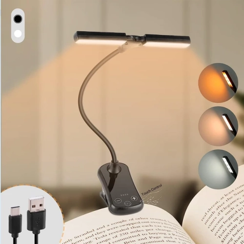 Compact 14-LED clip-on book light with 3 colors and 8 brightness levels. USB rechargeable for portable reading. Doubles as a mini desk lamp.
