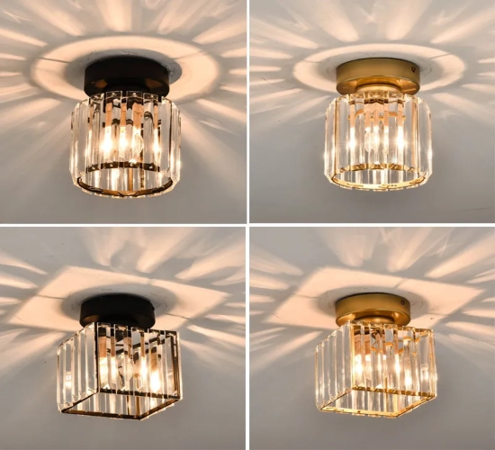 Modern LED Ceiling Lights Crystal Lampshade, Black-Gold Plafonnier for Living Room, Bedroom. Decorative Round or Square Ceiling Lamp with E27 Bulb