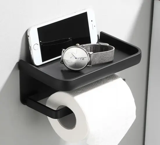 Wall-Mounted Toilet Paper Holder with Storage Tray and Phone Stand - Bathroom Organizer for Paper Rolls and Accessories