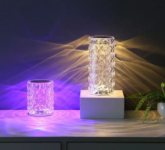 LED Crystal Table Lamp Rose Light Projector with 3/16 Colors, Touch Control, Romantic Diamond Atmosphere Light, USB LED Night Light for Bedroom