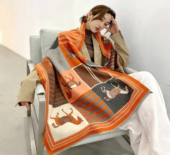 Warm Cashmere Scarf Luxury Winter Design for Women, Thick Pashmina Blanket with Horse Pattern, Shawl Wraps, Female Scarves.