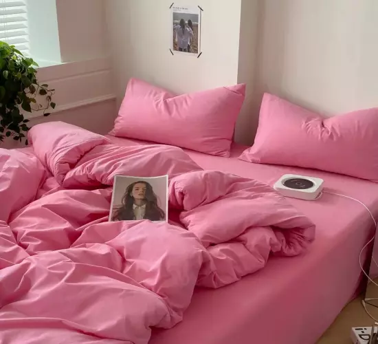 Minimalist Korean Men's 3/4pcs Queen Bedding Set in Black and Pink Comforter