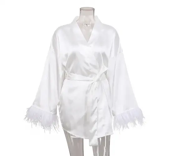 Elegant Feather Bathrobes and Satin Mini Dresses: Long Sleeve Loose Peignoirs, Perfect for Women, White Wedding Attire and Black Bride Dresses in Style