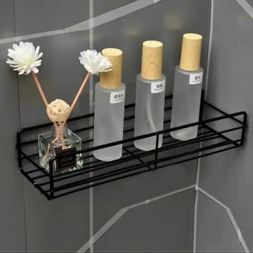 Wall-mounted corner storage shelves for the bathroom, featuring a shampoo holder, cosmetic rack, and iron shower drain basket. Stay organized with this convenient bathroom organizer.