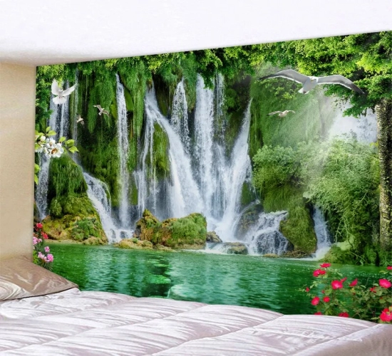 Enchanting Waterfall and Forest Tapestry: Bohemian Wall Decor with Hippie Vibes