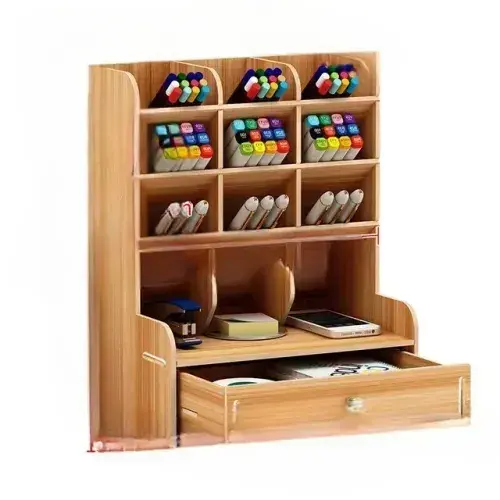 Wooden Desktop Organizer: Multifunctional Pen Holder Box for Home, Office, and School Supplies Storage, 1pc Holder.