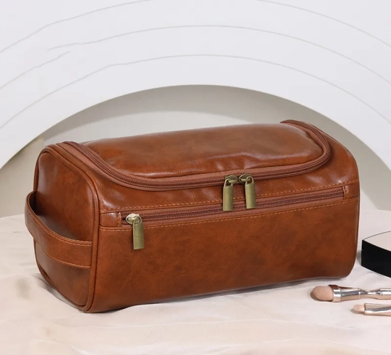 Business-Ready Leather Portable Storage Bag for Men, Doubles as a Toiletries Organizer for Women. This Hanging Waterproof Wash Pouch is Perfect for Travel Convenience."
