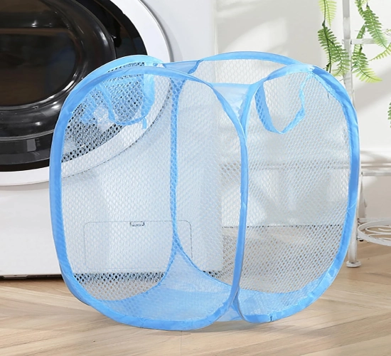 Folding Laundry Basket Organizer Mesh Storage Bag for Dirty Clothes, Bathroom, and Household Items - Wall Hanging Basket with Frame Bucket Design