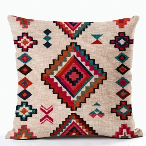 Linen Cushion Case with Multicolor Abstract Ethnic Geometry Print: Decorative Pillow Case for Living Room Sofa Pillows