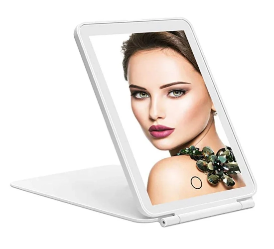 Folding LED Lighted Cosmetic Mirror with 3 Colors Light Modes - Touch Screen, USB Rechargeable, and Foldable Compact Design