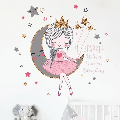 Beautiful Cartoon Princess on the Moon Wall Sticker Girls' Room and Bedroom Decor, Lovely Wallpaper for Living Room, Perfect Home Decoration Stickers