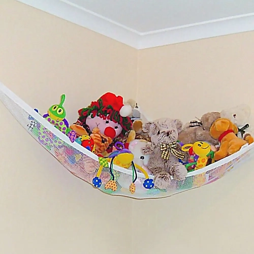 Large mesh toy hammock for kids' bedroom storage. Ideal for organizing stuffed toys, teddy bears, towels, and keeping the space tidy and soft.