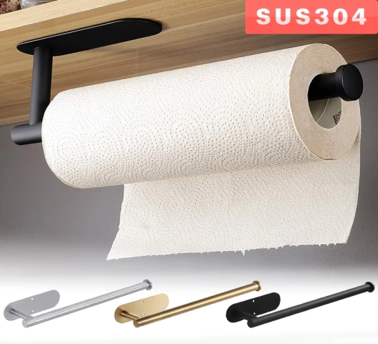 Adhesive Stainless Steel Paper Towel Holder No Drilling Needed for Kitchen, Bathroom, and Toilet; Extended Storage Rack for Paper Rolls.
