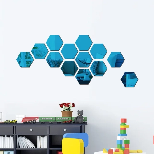 Set of 6 or 12 Hexagon-shaped 3D Mirror Wall Stickers for DIY Home Decor. These self-adhesive mirror decals serve as artistic wall decorations, each measuring 126mm in size.