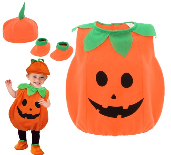 Children's Halloween pumpkin costume with hat for baby girls and boys. Ideal for stage parties and festive cosplay clothing.