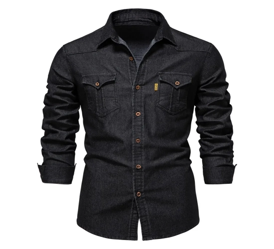 Elastic Cotton Denim Shirt for Men: Long Sleeve, High-Quality Cowboy Shirt with a Casual Slim Fit - Ideal for Men's Designer Clothing with Comfort and Style.
