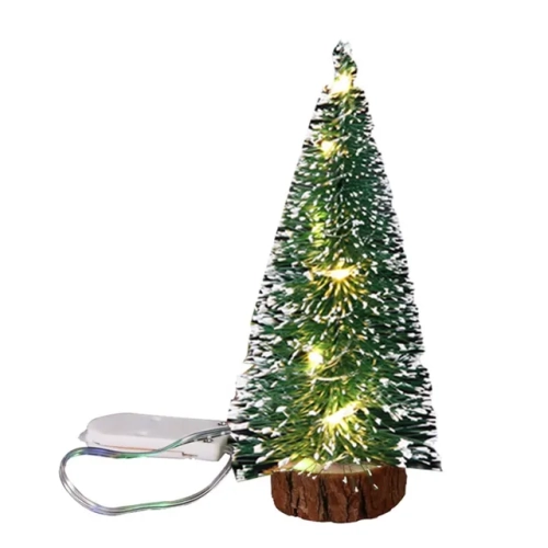 Mini Christmas tree decorations with green cedar and LED lights, perfect as desktop ornaments or gifts.