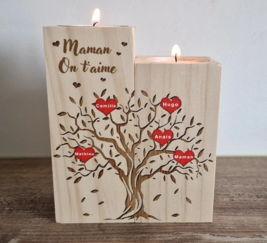 Customized Wooden Mother's Day DIY Candle Holders featuring Family Tree and 1-10 First Names for Mom, Mother, Grandmother. A Special Gift for My Mom.