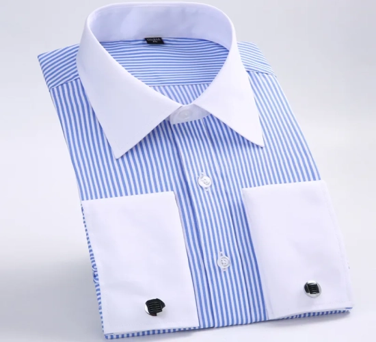 Classic Striped Dress Shirt for Men with French Cuffs, Single Patch Pocket, Standard Fit, Long Sleeves, Ideal for Weddings (Includes Cufflinks)