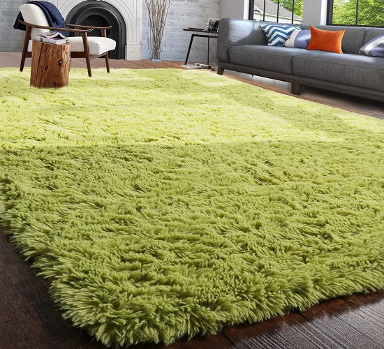Soft and Fluffy Green Living Room Carpet: Large Furry Area Rug for Kids, Shaggy Bedroom Rug, Ideal for Nursery and Children's Mat.