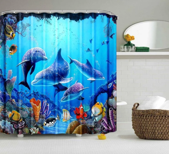 "Oceanic Delight: Dolphin-themed Blue Shower Curtain Set with Marine Life, Polyester Fabric, and 12 Hooks for Kids' Bathroom Decor"