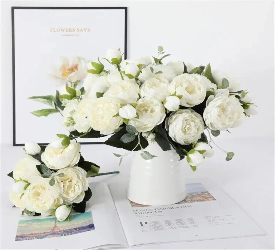 Rose White Peony Artificial Flowers 5 Heads, 4 Buds, 30cm. Affordable Fake Flowers for Home & Wedding Decor